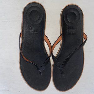 FitFlop Linny Brown Leather Comfort Cork Wedge Thong Flip Flop Sandal Women's 9